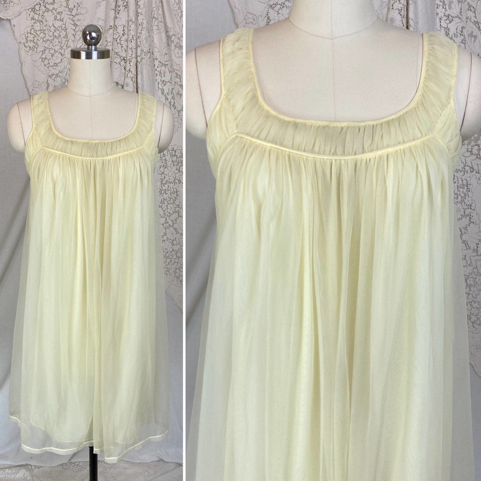Vintage 1960's Nightgown & Peignoir Set | Pale Pastel Yellow Nylon Chiffon with Ruffles | Size XS, S | Virginia Wallace - Daggers & Dames