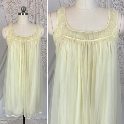 Vintage 1960's Nightgown & Peignoir Set | Pale Pastel Yellow Nylon Chiffon with Ruffles | Size XS, S | Virginia Wallace - Daggers & Dames