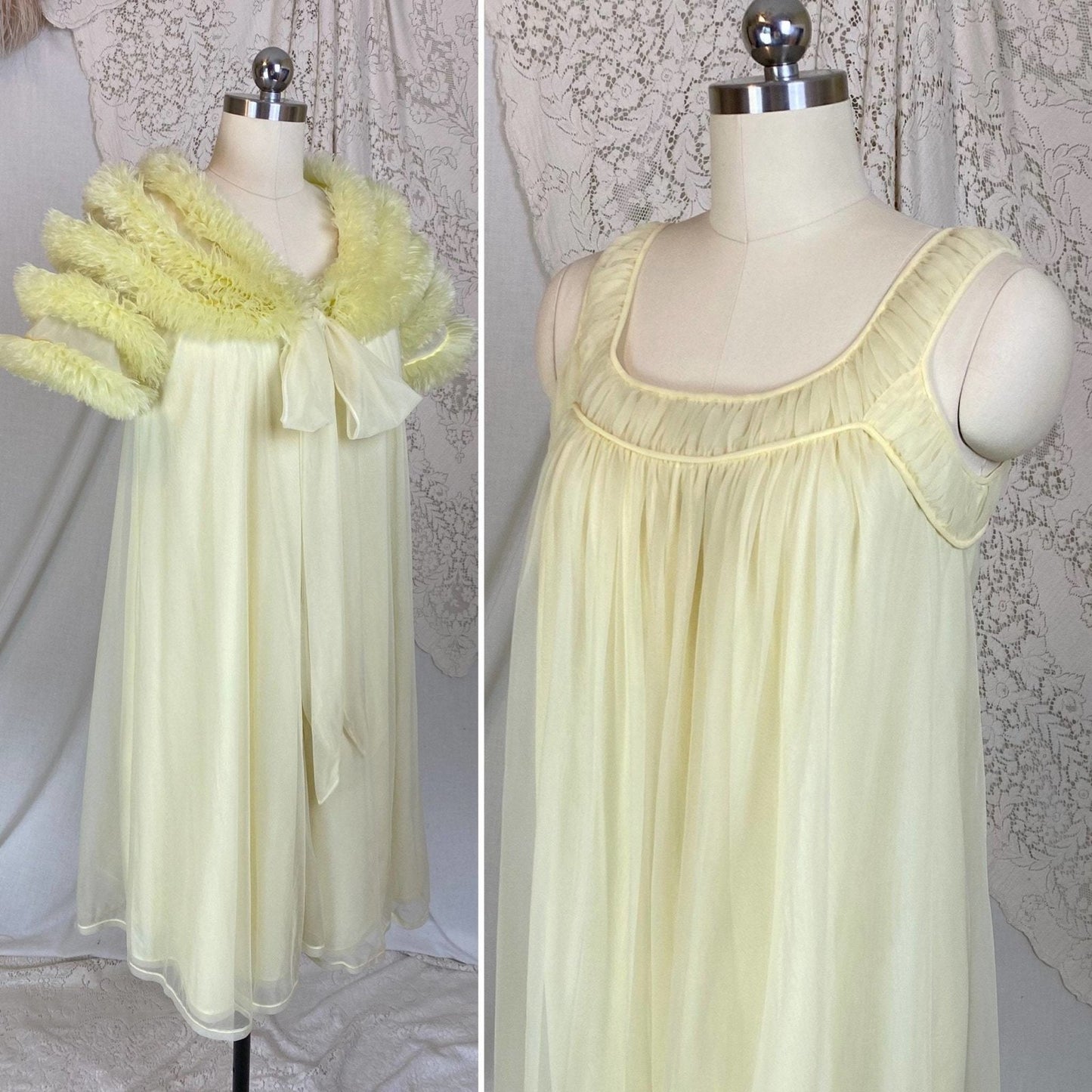 Vintage 1960's Nightgown & Peignoir Set | Pale Pastel Yellow Nylon Chiffon with Ruffles | Size XS, S | Virginia Wallace - Daggers & Dames