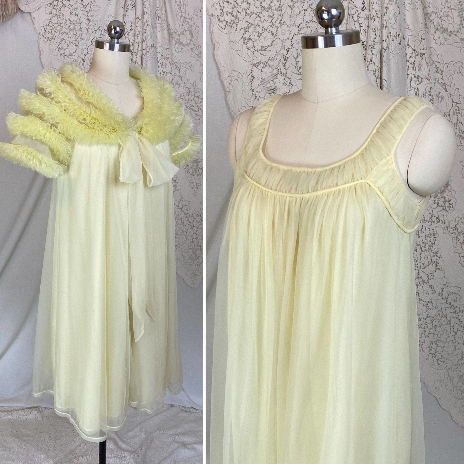 Vintage 1960's Nightgown & Peignoir Set | Pale Pastel Yellow Nylon Chiffon with Ruffles | Size XS, S | Virginia Wallace - Daggers & Dames