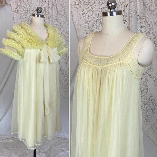 Vintage 1960's Nightgown & Peignoir Set | Pale Pastel Yellow Nylon Chiffon with Ruffles | Size XS, S | Virginia Wallace - Daggers & Dames