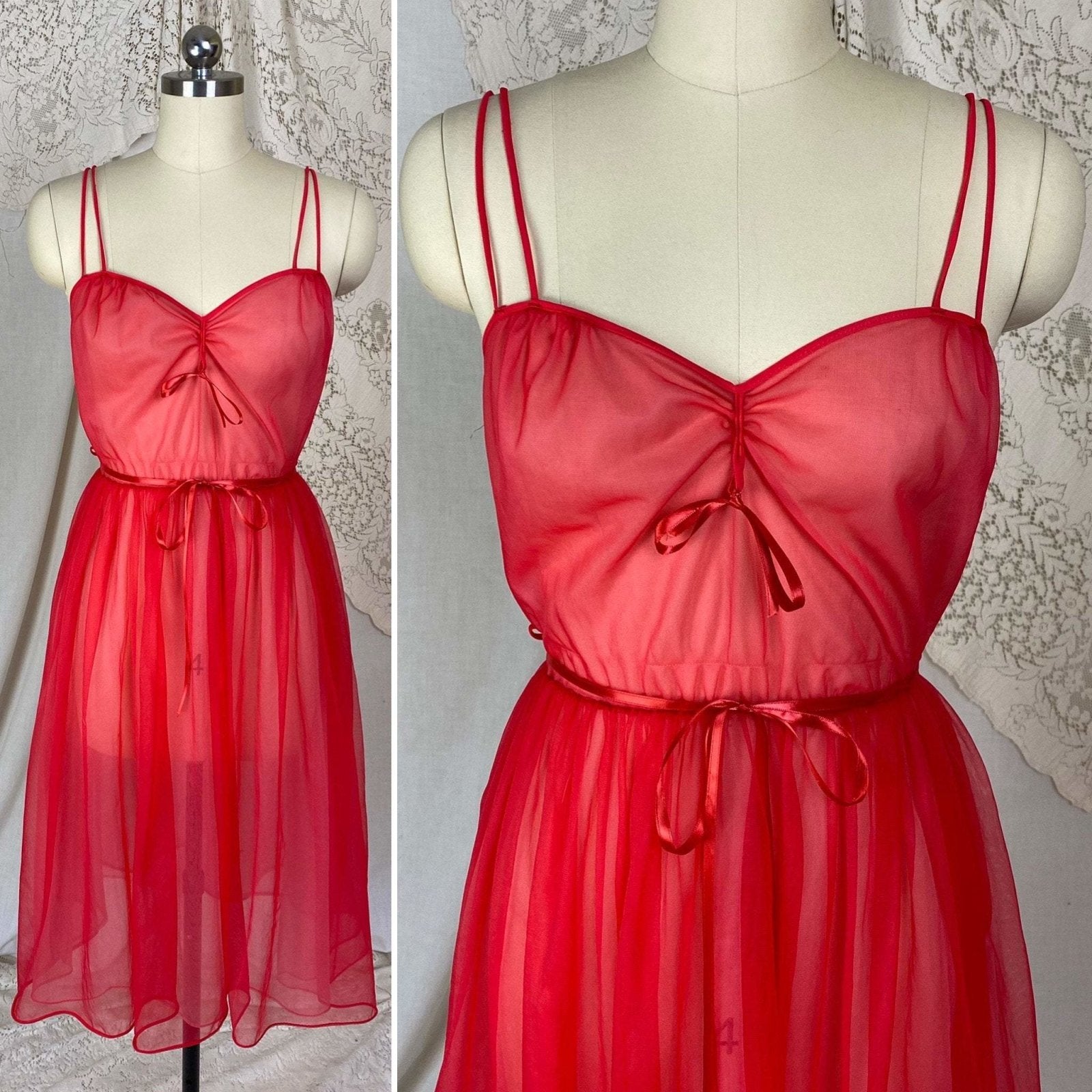 Vintage 1960's Nightgown & Peignoir Set | Rose Red Nylon Chiffon with Lace | Size S, M | Gilead - Daggers & Dames