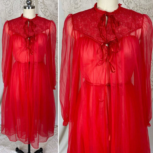 Vintage 1960's Nightgown & Peignoir Set | Rose Red Nylon Chiffon with Lace | Size S, M | Gilead - Daggers & Dames