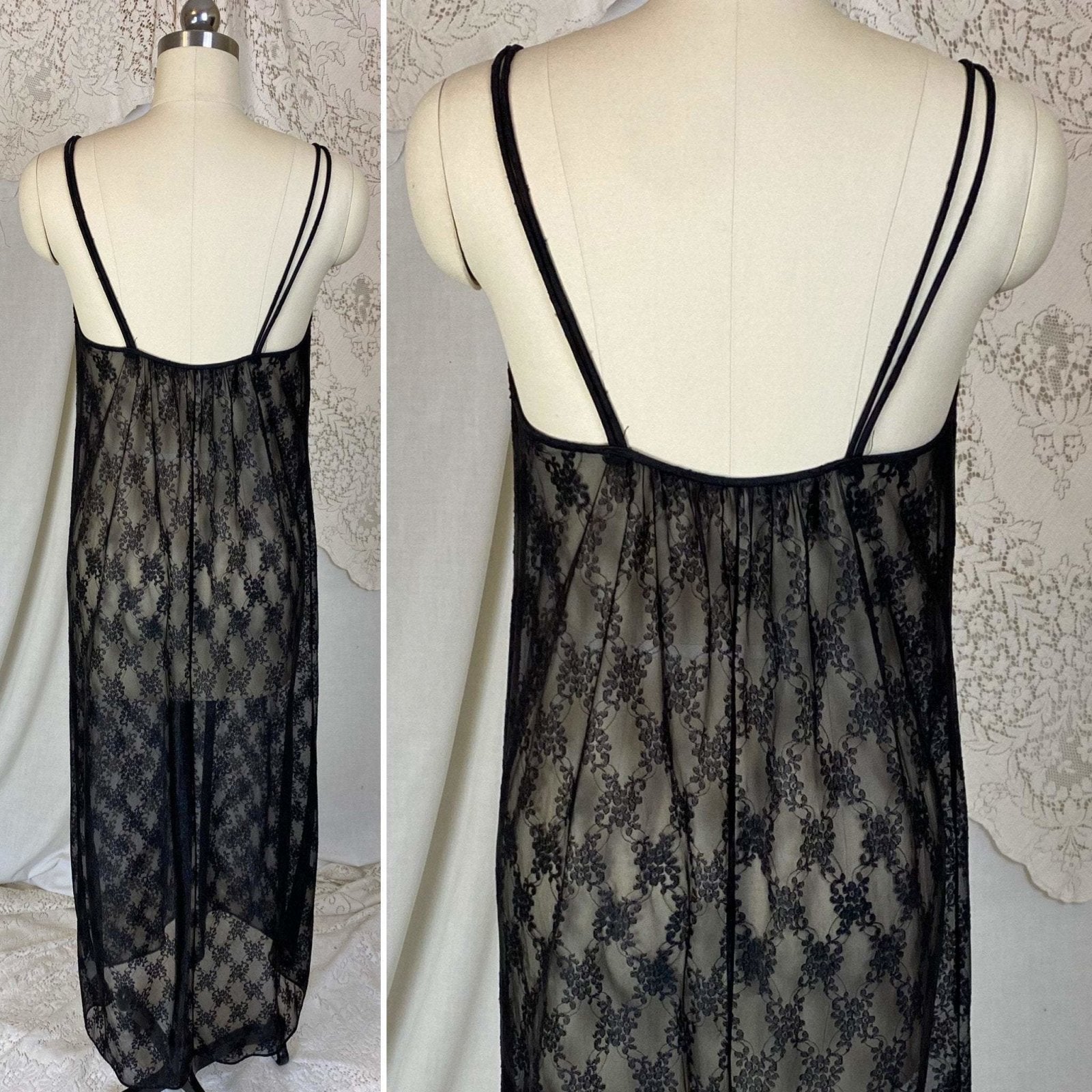 Vintage 1960's Nightgown & Peignoir Set | Sheer Black Floral Lace Chiffon with Ruffles | Size XS, S | Ilise Stevens - Daggers & Dames