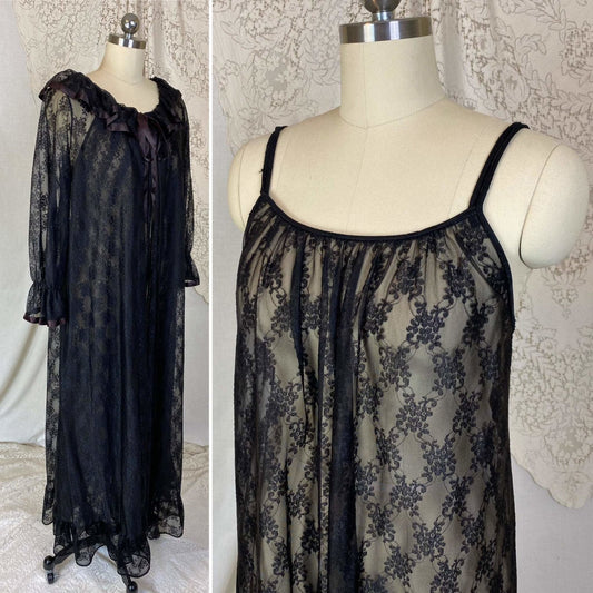 Vintage 1960's Nightgown & Peignoir Set | Sheer Black Floral Lace Chiffon with Ruffles | Size XS, S | Ilise Stevens - Daggers & Dames
