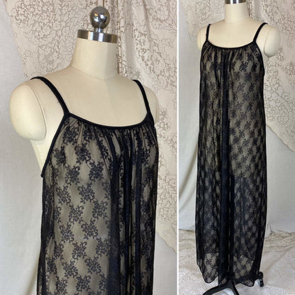 Vintage 1960's Nightgown & Peignoir Set | Sheer Black Floral Lace Chiffon with Ruffles | Size XS, S | Ilise Stevens - Daggers & Dames