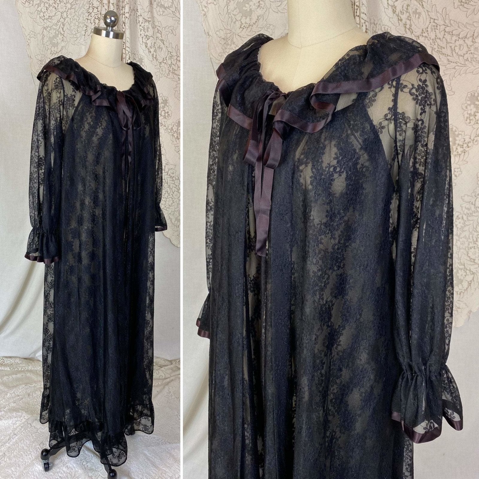 Vintage 1960's Nightgown & Peignoir Set | Sheer Black Floral Lace Chiffon with Ruffles | Size XS, S | Ilise Stevens - Daggers & Dames