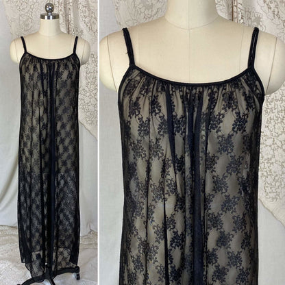 Vintage 1960's Nightgown & Peignoir Set | Sheer Black Floral Lace Chiffon with Ruffles | Size XS, S | Ilise Stevens - Daggers & Dames