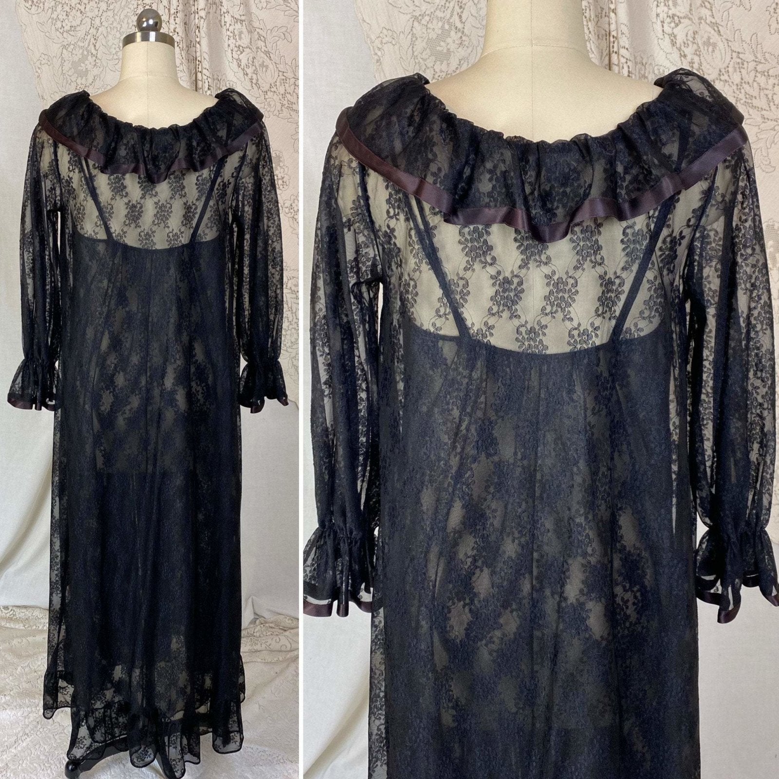 Vintage 1960's Nightgown & Peignoir Set | Sheer Black Floral Lace Chiffon with Ruffles | Size XS, S | Ilise Stevens - Daggers & Dames