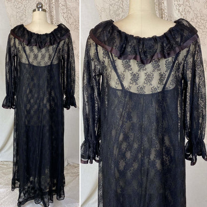Vintage 1960's Nightgown & Peignoir Set | Sheer Black Floral Lace Chiffon with Ruffles | Size XS, S | Ilise Stevens - Daggers & Dames
