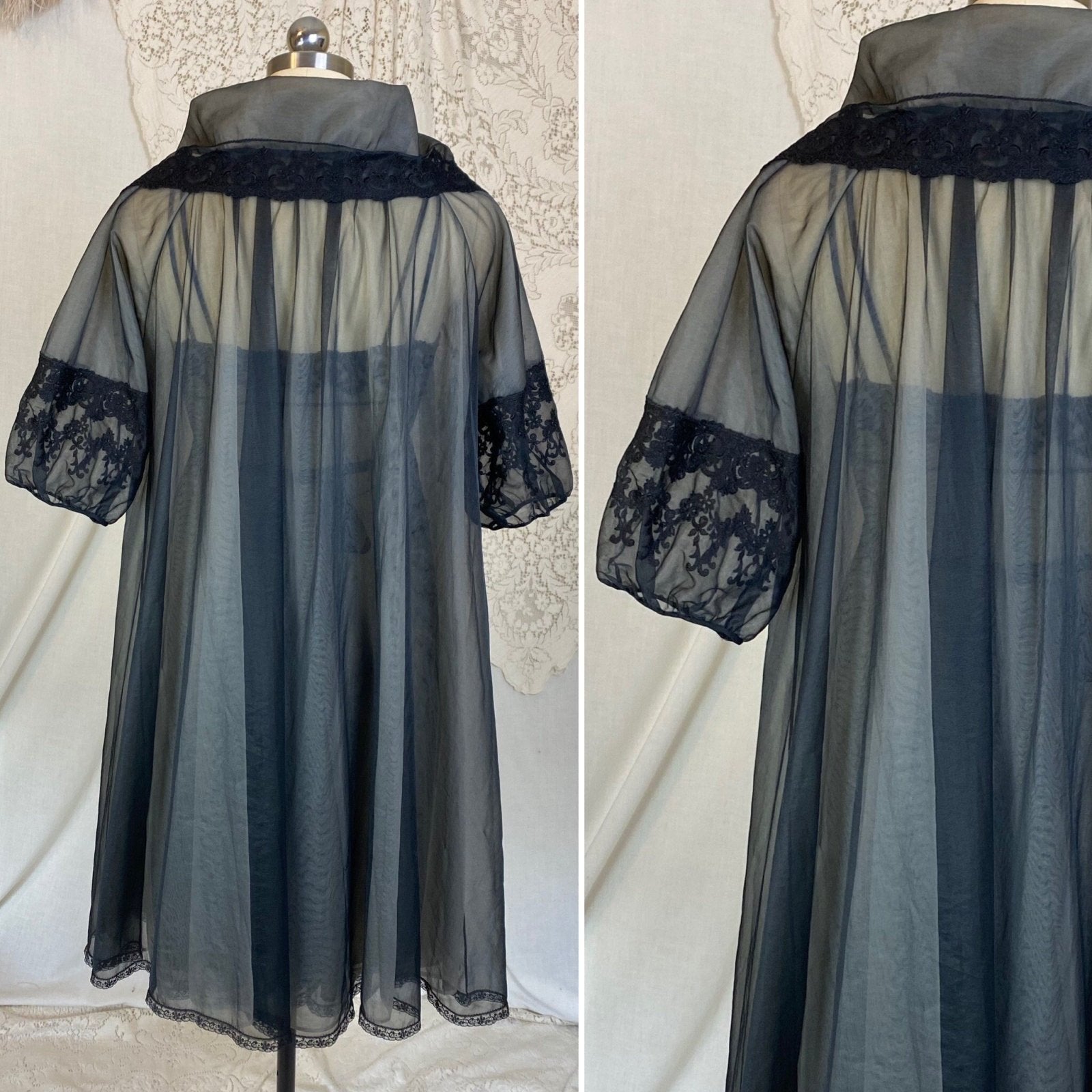 Vintage 1960's Nightgown & Peignoir Set | Sheer Black Nylon Chiffon over Nude with Embroidered Lace | Size XS, S | Gotham - Daggers & Dames