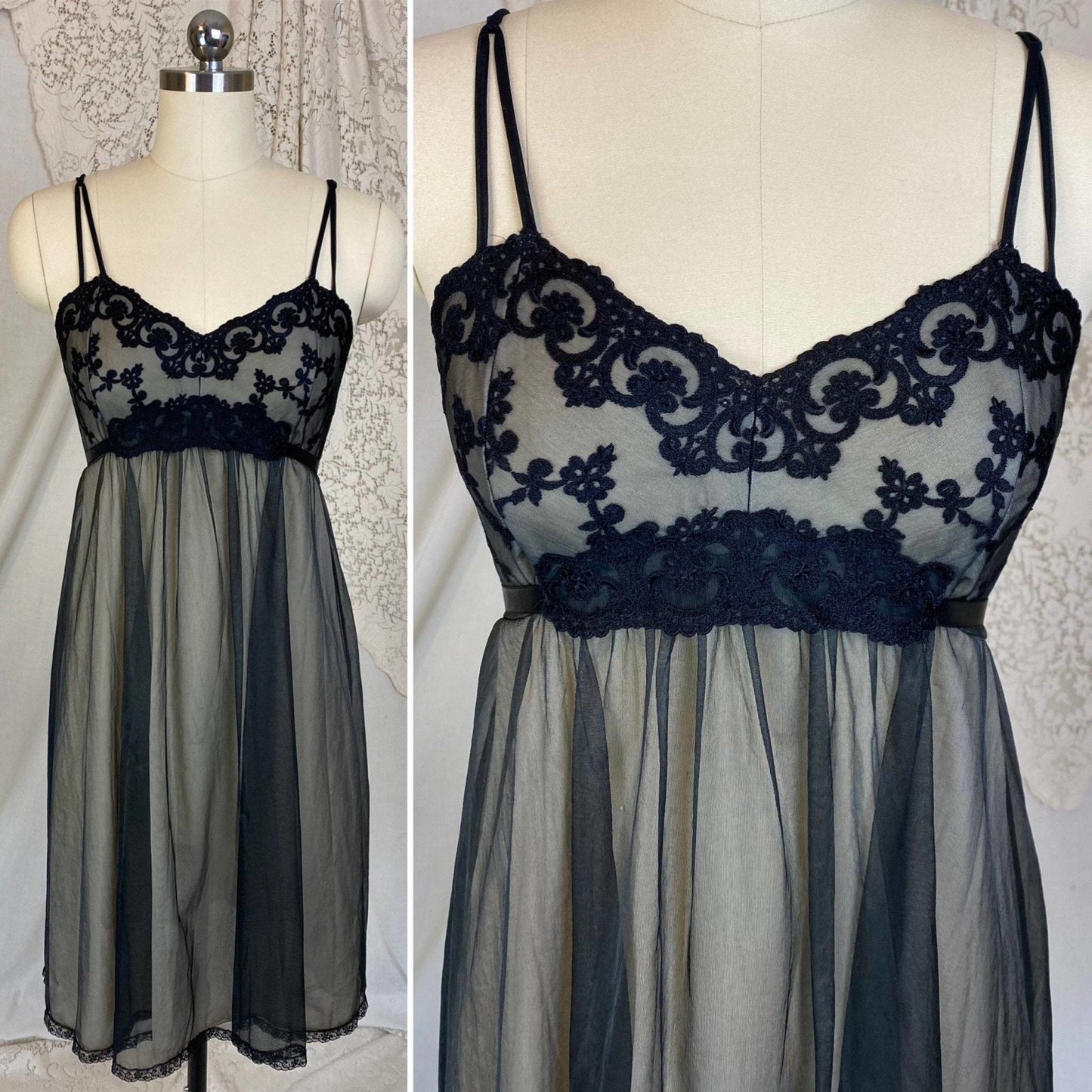 Vintage 1960's Nightgown & Peignoir Set | Sheer Black Nylon Chiffon over Nude with Embroidered Lace | Size XS, S | Gotham - Daggers & Dames
