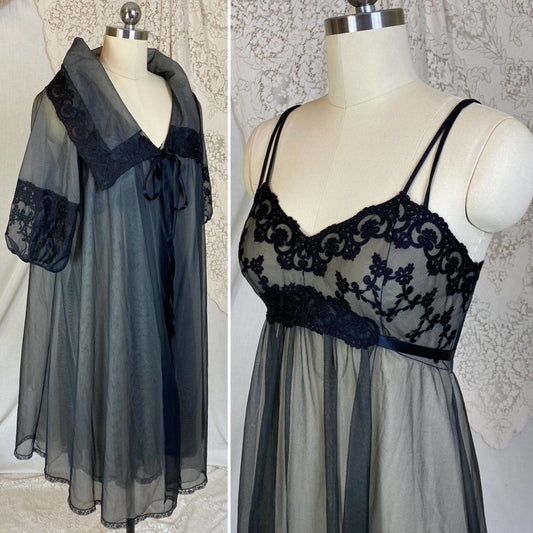 Vintage 1960's Nightgown & Peignoir Set | Sheer Black Nylon Chiffon over Nude with Embroidered Lace | Size XS, S | Gotham - Daggers & Dames