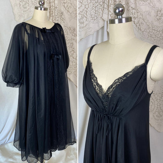 Vintage 1960's Nightgown & Peignoir Set | Sheer Black Nylon Chiffon with Lace | Size M, LG | Shadowline - Daggers & Dames