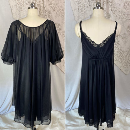 Vintage 1960's Nightgown & Peignoir Set | Sheer Black Nylon Chiffon with Lace | Size M, LG | Shadowline - Daggers & Dames