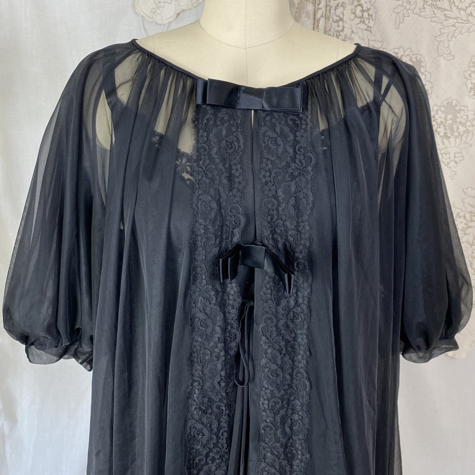 Vintage 1960's Nightgown & Peignoir Set | Sheer Black Nylon Chiffon with Lace | Size M, LG | Shadowline - Daggers & Dames