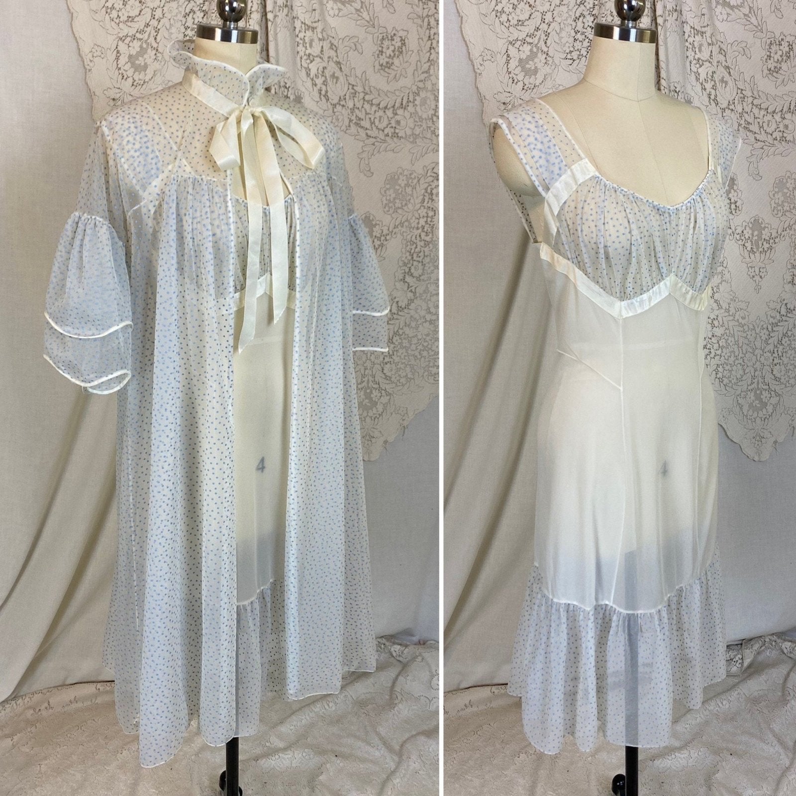 Vintage 1960's Nightgown & Peignoir Set | White Nylon Chiffon with Cornflower Blue Swiss Dots | Size S, M | Beverly Vogue California - Daggers & Dames