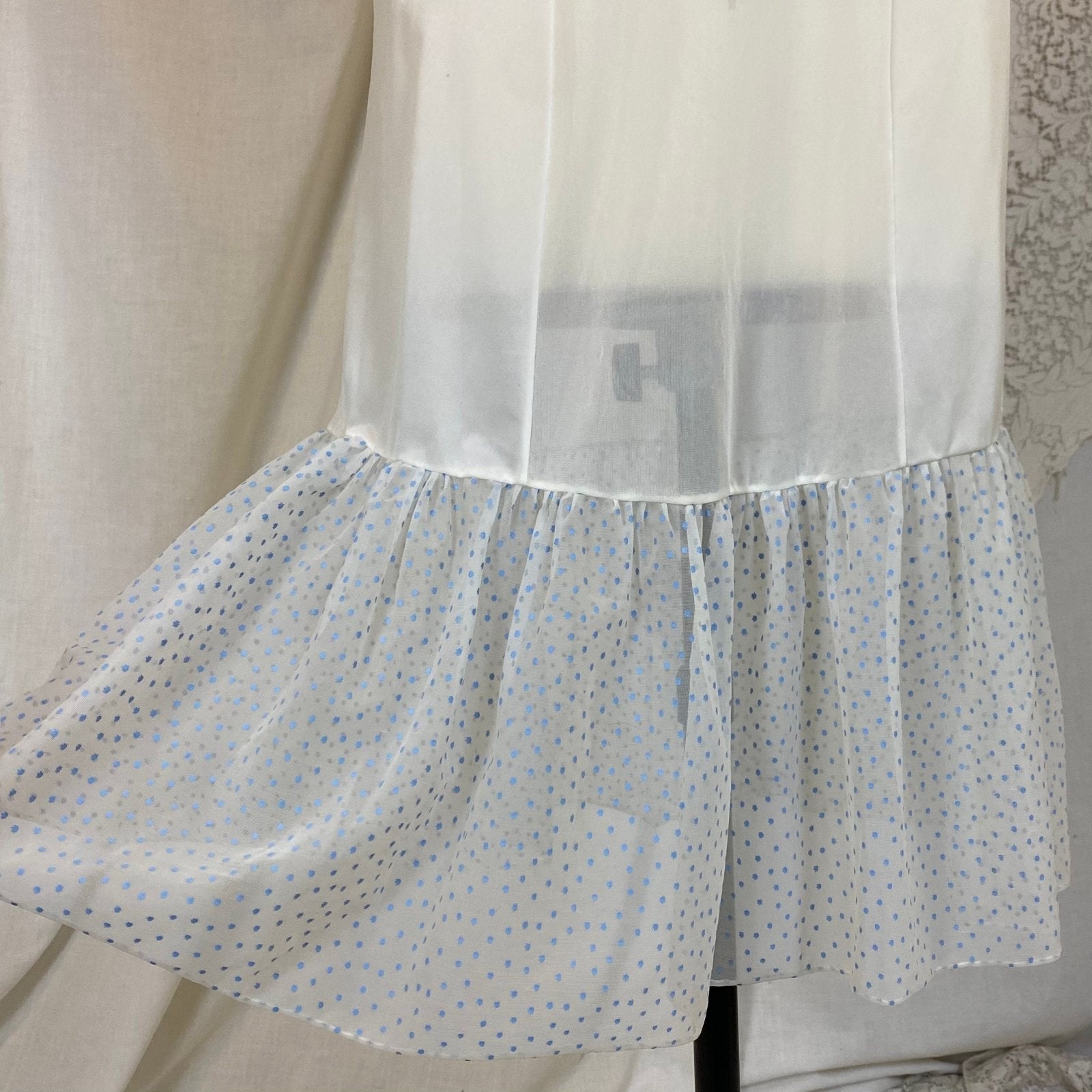 Vintage 1960's Nightgown & Peignoir Set | White Nylon Chiffon with Cornflower Blue Swiss Dots | Size S, M | Beverly Vogue California - Daggers & Dames