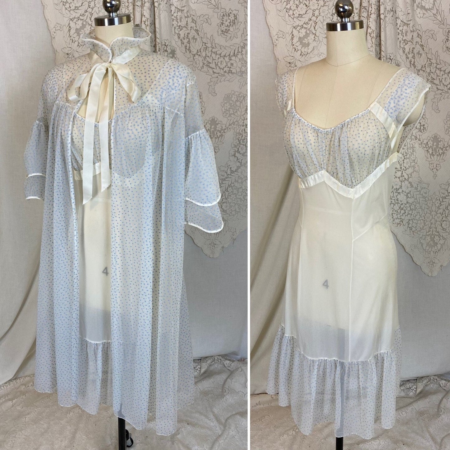 Vintage 1960's Nightgown & Peignoir Set | White Nylon Chiffon with Cornflower Blue Swiss Dots | Size S, M | Beverly Vogue California - Daggers & Dames