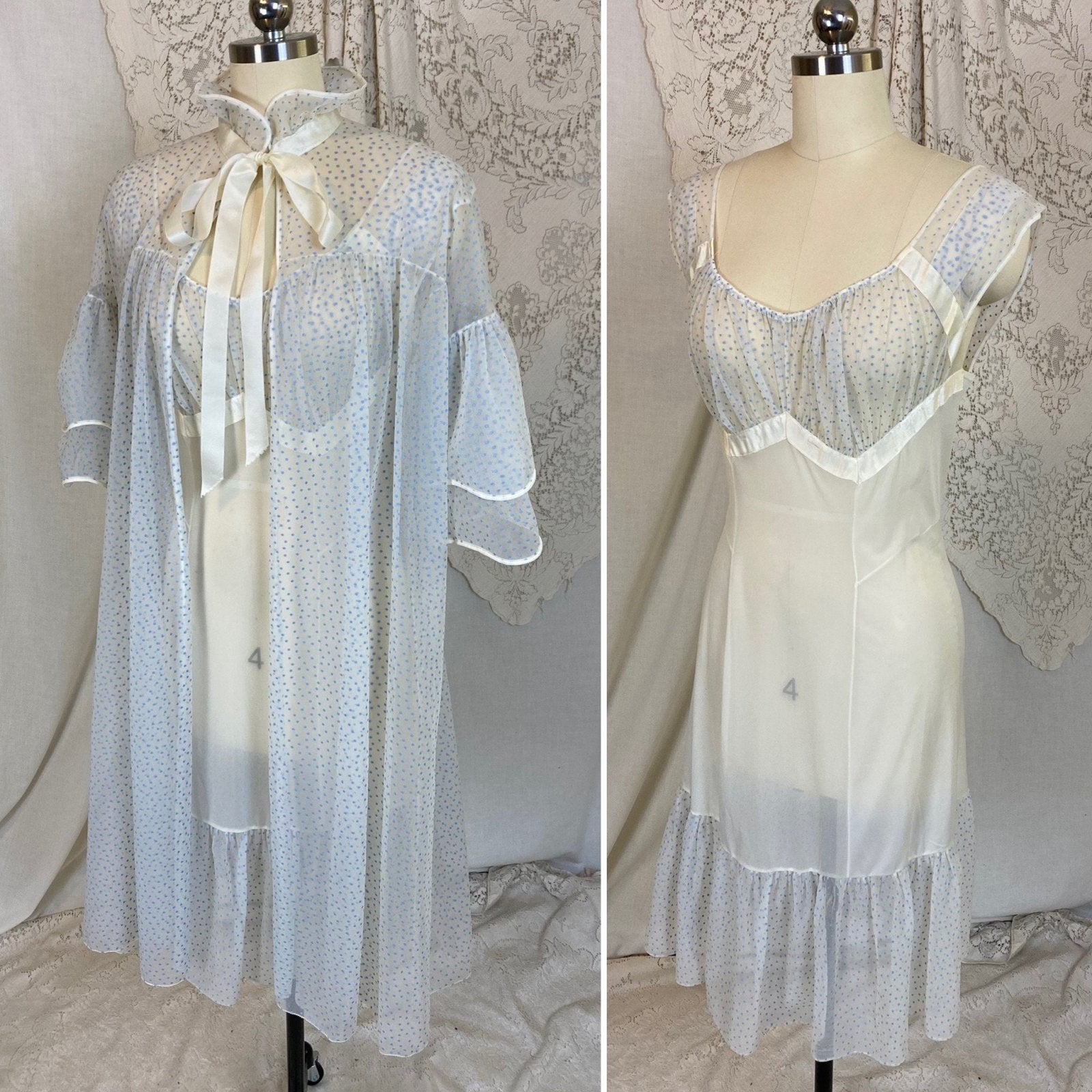 Vintage 1960's Nightgown & Peignoir Set | White Nylon Chiffon with Cornflower Blue Swiss Dots | Size S, M | Beverly Vogue California - Daggers & Dames