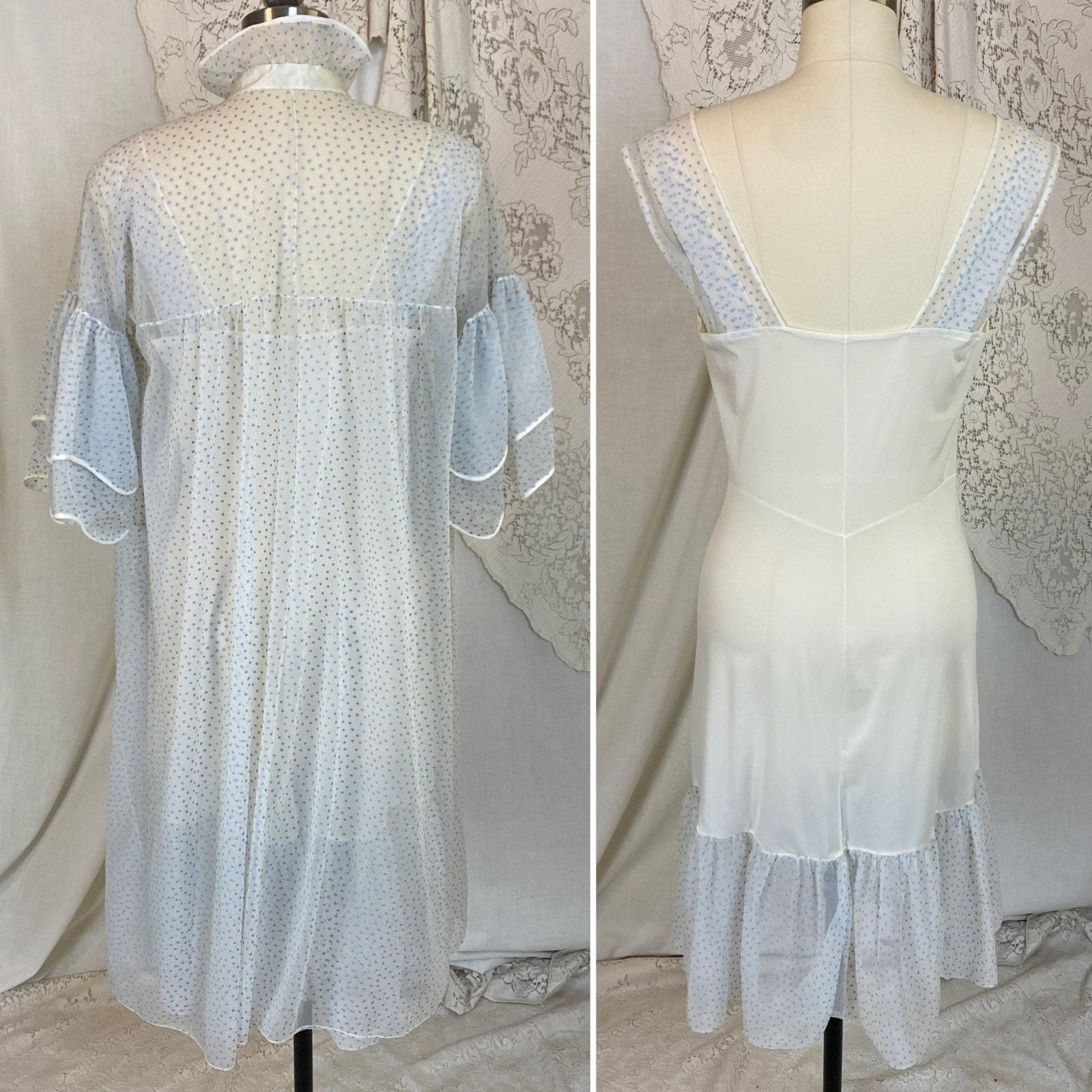 Vintage 1960's Nightgown & Peignoir Set | White Nylon Chiffon with Cornflower Blue Swiss Dots | Size S, M | Beverly Vogue California - Daggers & Dames