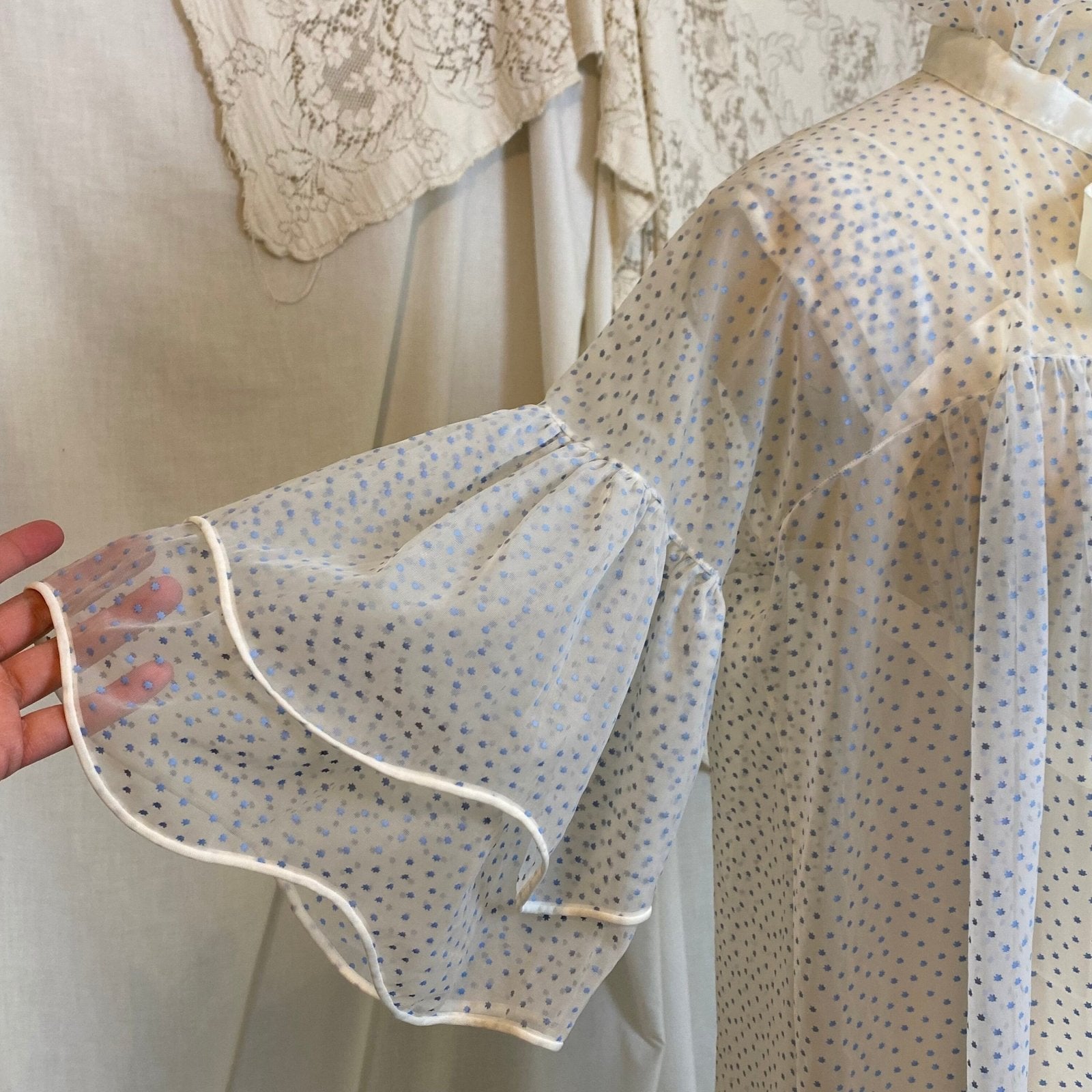 Vintage 1960's Nightgown & Peignoir Set | White Nylon Chiffon with Cornflower Blue Swiss Dots | Size S, M | Beverly Vogue California - Daggers & Dames