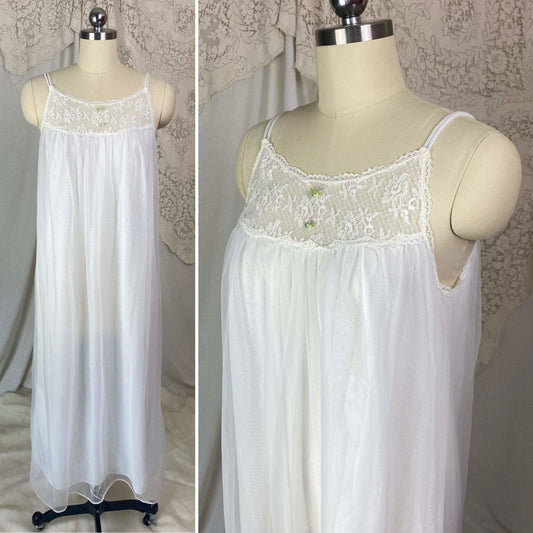Vintage 1960's Nightgown | Sheer White Nylon Chiffon with Blue Ribbon Rosettes | Size XS, S | Radcliffe - Daggers & Dames