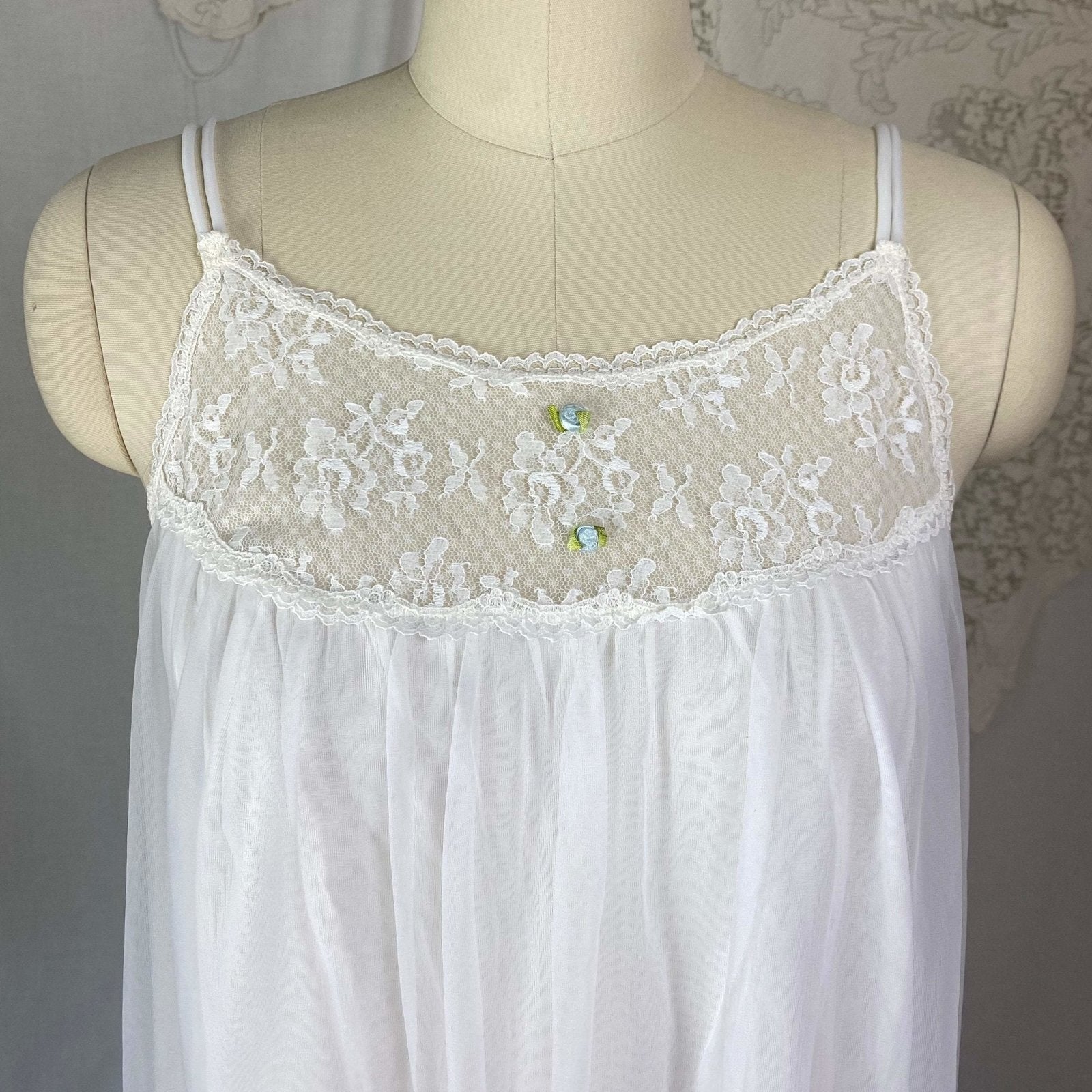 Vintage 1960's Nightgown | Sheer White Nylon Chiffon with Blue Ribbon Rosettes | Size XS, S | Radcliffe - Daggers & Dames