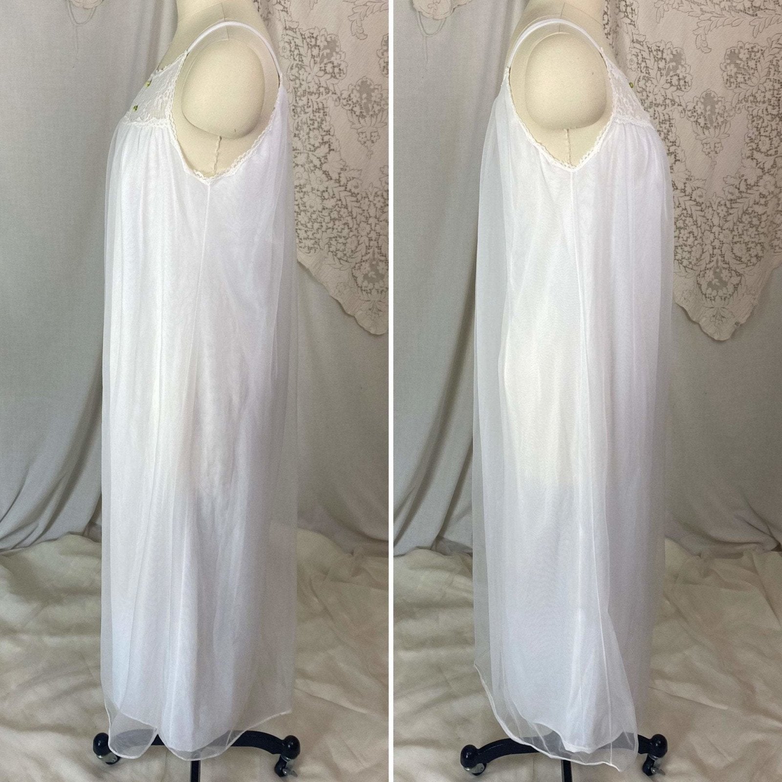 Vintage 1960's Nightgown | Sheer White Nylon Chiffon with Blue Ribbon Rosettes | Size XS, S | Radcliffe - Daggers & Dames