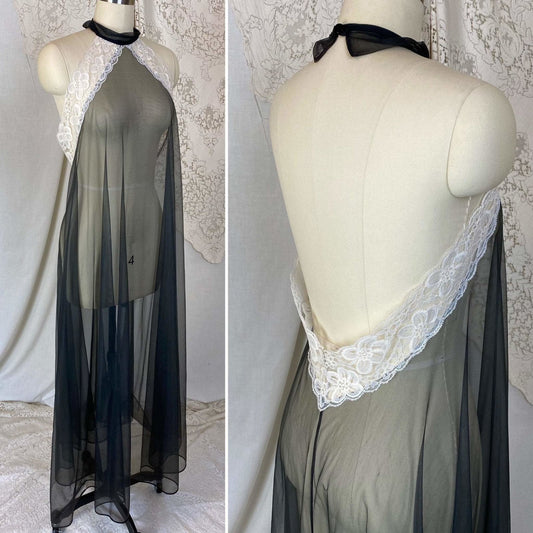Vintage 1960's Nightgown | Very Sheer Black Nylon Chiffon with White Lace & Open Back | Size S, M, LG | Frederick's of Hollywood - Daggers & Dames