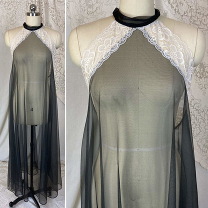 Vintage 1960's Nightgown | Very Sheer Black Nylon Chiffon with White Lace & Open Back | Size S, M, LG | Frederick's of Hollywood - Daggers & Dames