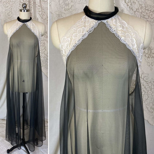 Vintage 1960's Nightgown | Very Sheer Black Nylon Chiffon with White Lace & Open Back | Size S, M, LG | Frederick's of Hollywood - Daggers & Dames