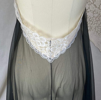 Vintage 1960's Nightgown | Very Sheer Black Nylon Chiffon with White Lace & Open Back | Size S, M, LG | Frederick's of Hollywood - Daggers & Dames