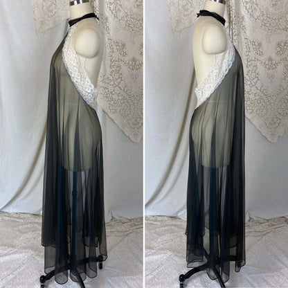 Vintage 1960's Nightgown | Very Sheer Black Nylon Chiffon with White Lace & Open Back | Size S, M, LG | Frederick's of Hollywood - Daggers & Dames