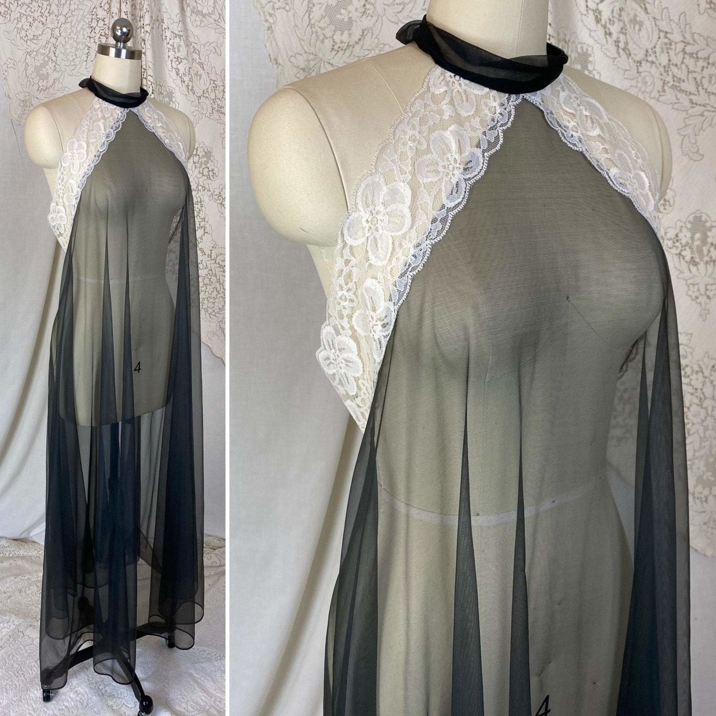 Vintage 1960's Nightgown | Very Sheer Black Nylon Chiffon with White Lace & Open Back | Size S, M, LG | Frederick's of Hollywood - Daggers & Dames