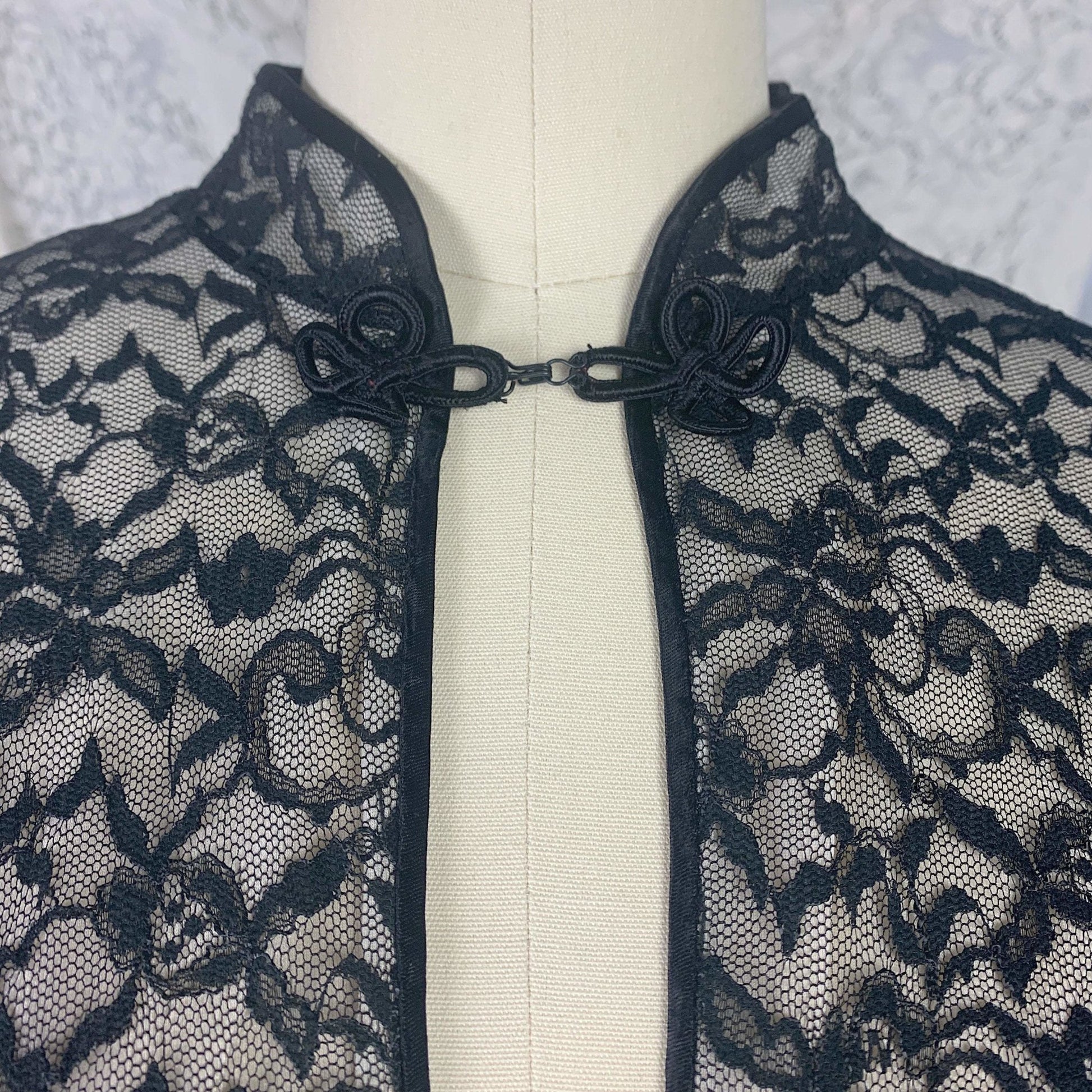Vintage 1960's Pajama Set | Black Floral Lace over White Nylon with Frog Buttons | Size S | Glydon's of Hollywood - Daggers & Dames