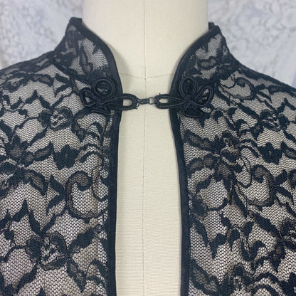 Vintage 1960's Pajama Set | Black Floral Lace over White Nylon with Frog Buttons | Size S | Glydon's of Hollywood - Daggers & Dames