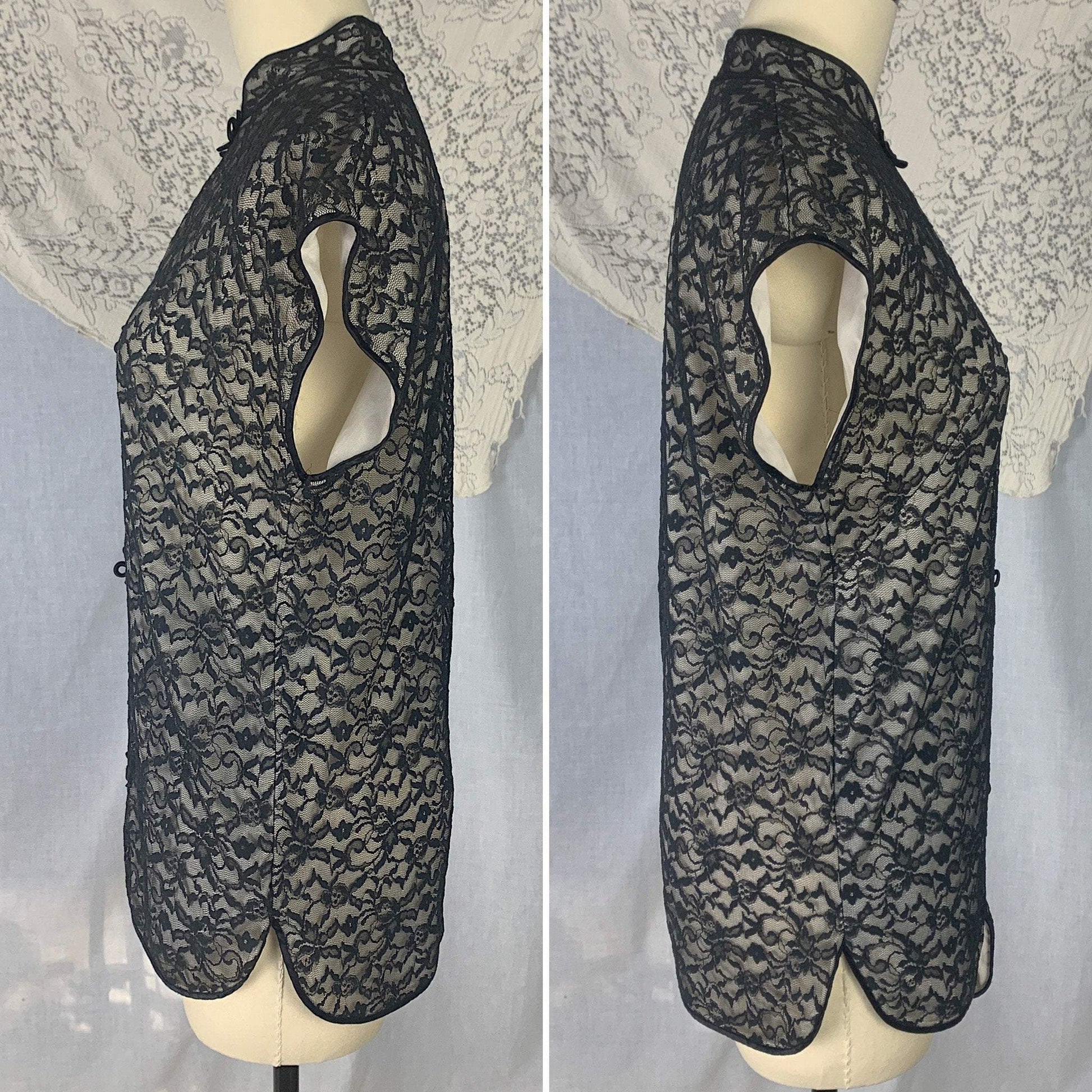 Vintage 1960's Pajama Set | Black Floral Lace over White Nylon with Frog Buttons | Size S | Glydon's of Hollywood - Daggers & Dames