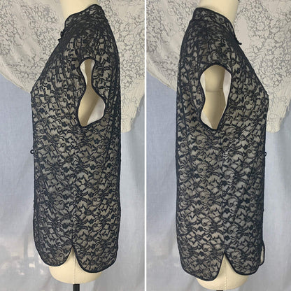 Vintage 1960's Pajama Set | Black Floral Lace over White Nylon with Frog Buttons | Size S | Glydon's of Hollywood - Daggers & Dames