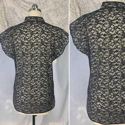 Vintage 1960's Pajama Set | Black Floral Lace over White Nylon with Frog Buttons | Size S | Glydon's of Hollywood - Daggers & Dames