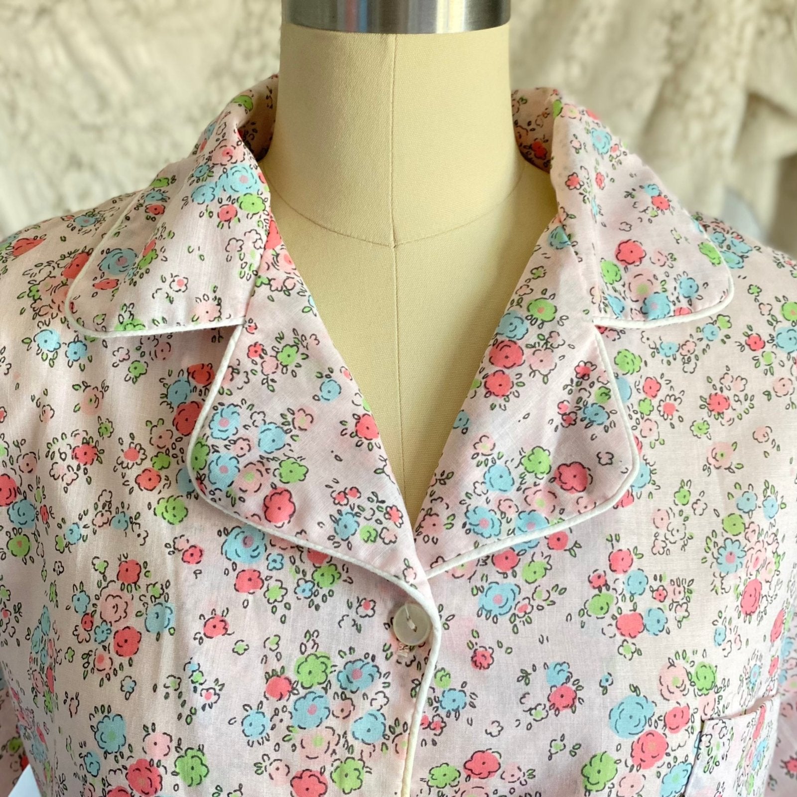 Vintage 1960's Pajama Set | Pale Petal Pink Cotton with Watercolor Floral Print | Size M, LG | Tommies - Daggers & Dames