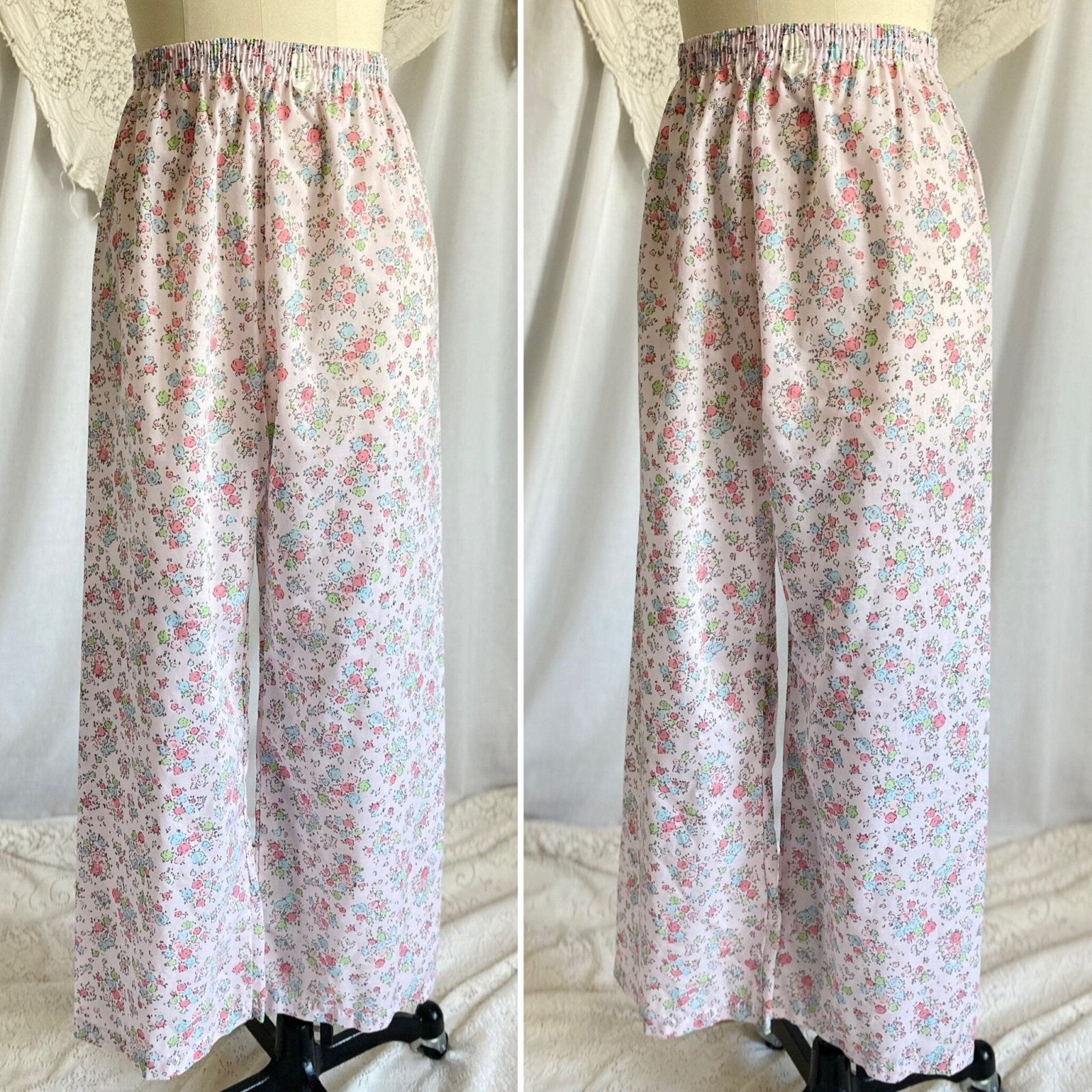 Vintage 1960's Pajama Set | Pale Petal Pink Cotton with Watercolor Floral Print | Size M, LG | Tommies - Daggers & Dames
