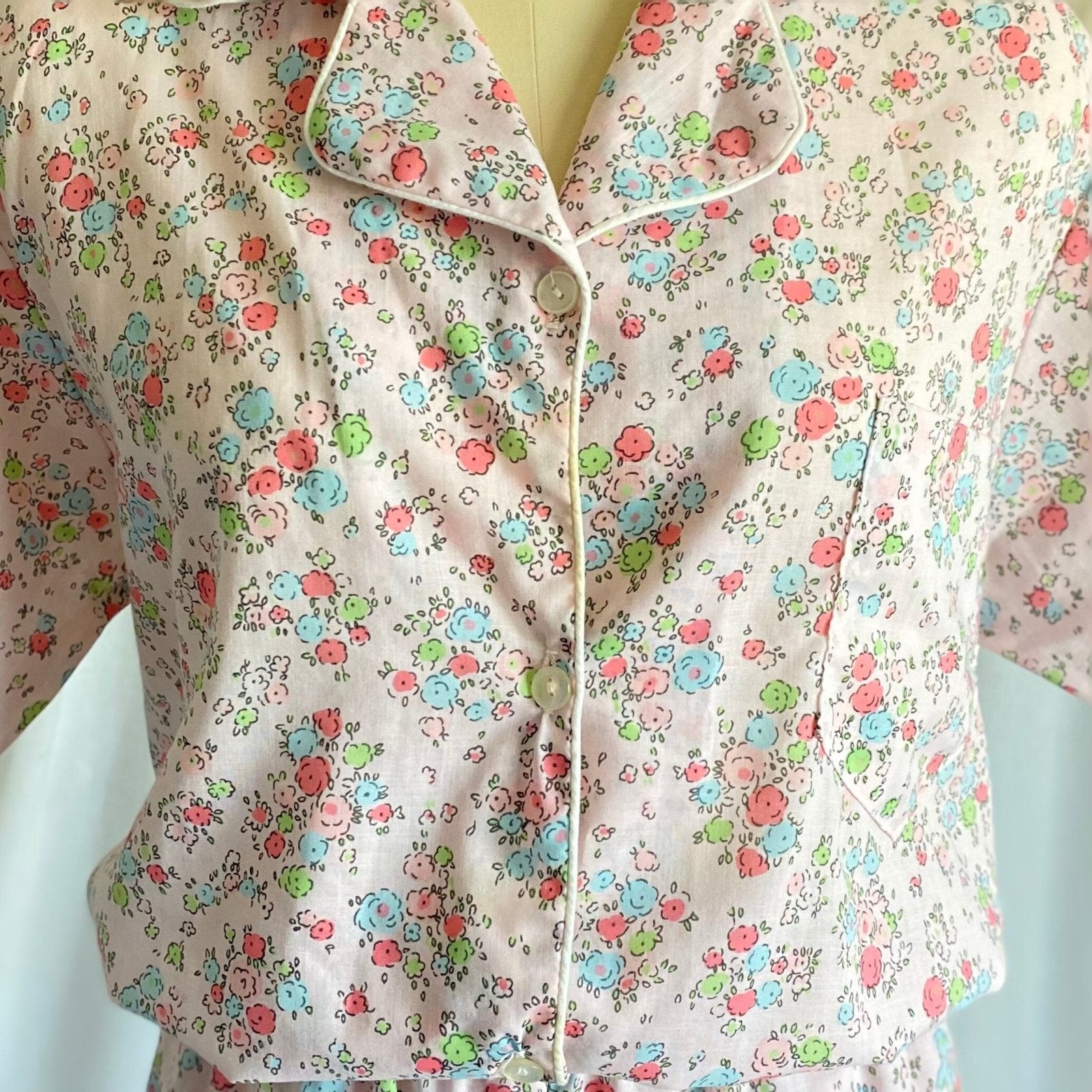 Vintage 1960's Pajama Set | Pale Petal Pink Cotton with Watercolor Floral Print | Size M, LG | Tommies - Daggers & Dames