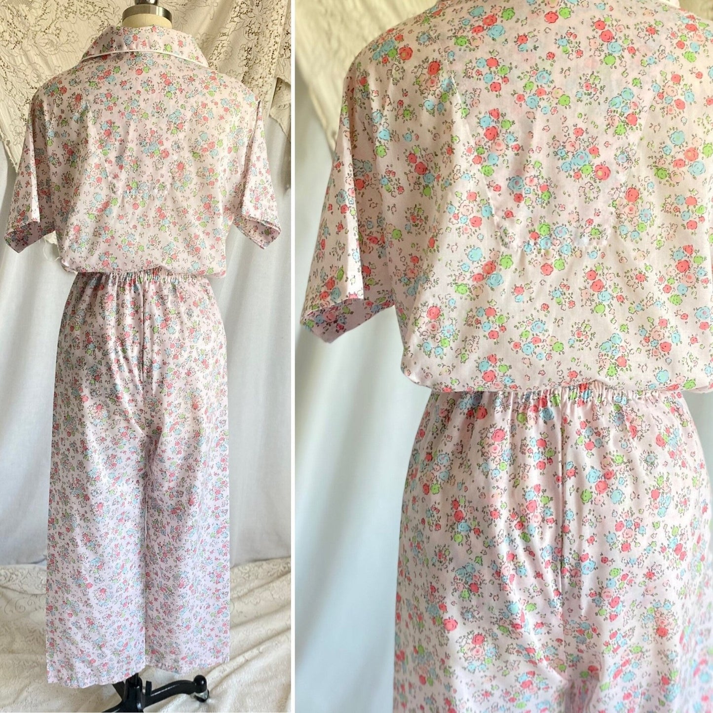Vintage 1960's Pajama Set | Pale Petal Pink Cotton with Watercolor Floral Print | Size M, LG | Tommies - Daggers & Dames