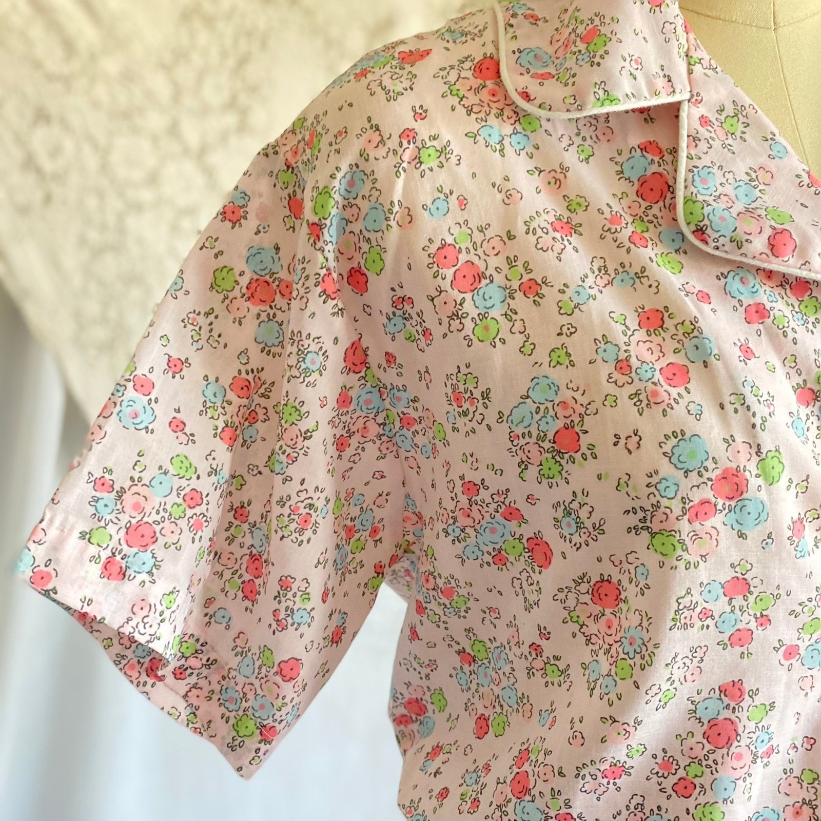 Vintage 1960's Pajama Set | Pale Petal Pink Cotton with Watercolor Floral Print | Size M, LG | Tommies - Daggers & Dames