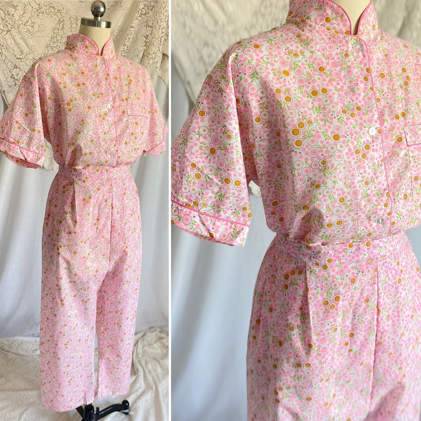 Vintage 1960's Pajama Set | Unworn Bright Floral Print Cotton with Mandarin Collar | Size M, LG | Lady No Belt, Formfit Rogers - Daggers & Dames