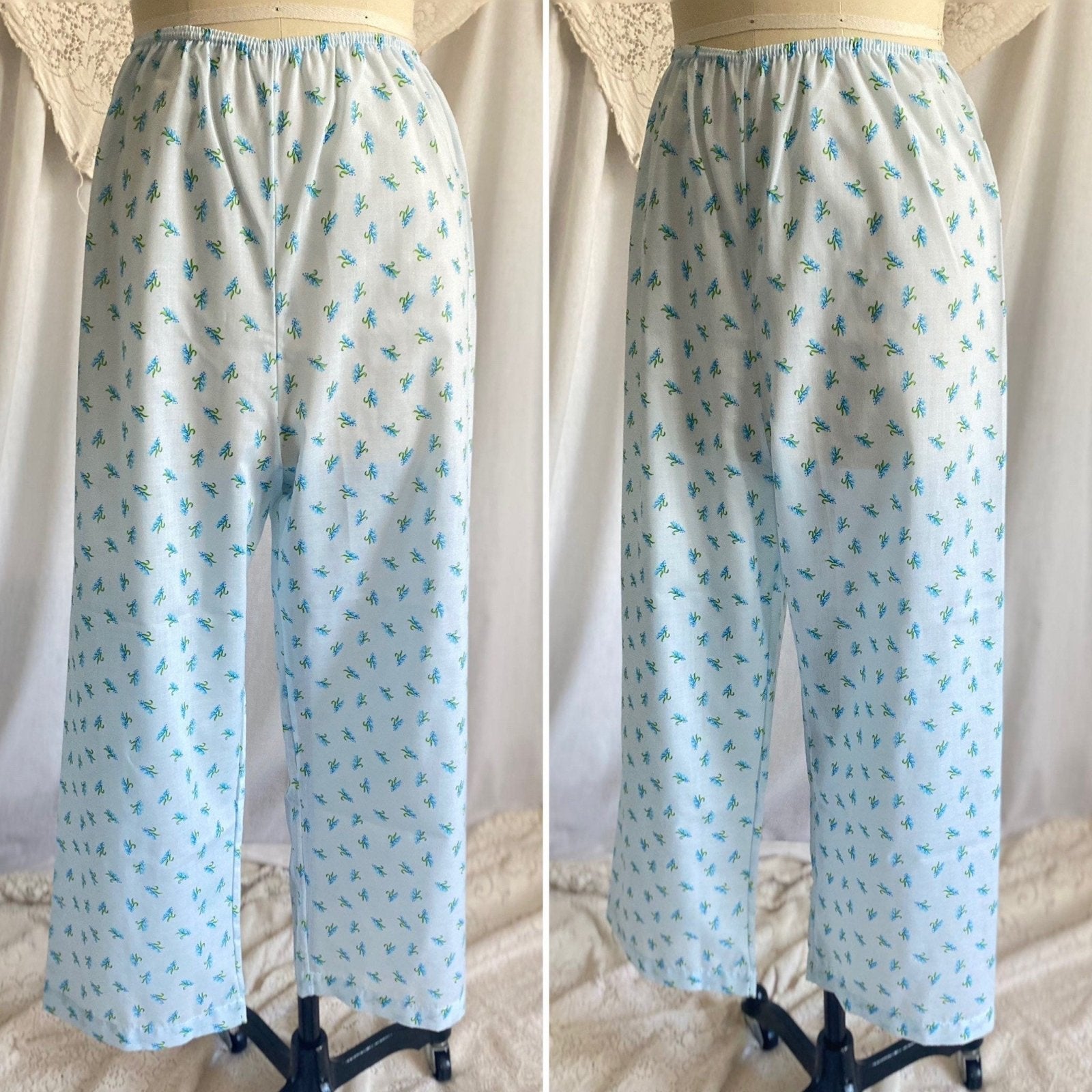 Vintage 1960's Pajama Set | Unworn Light Sky Blue Cotton with Floral Print | Size S - Daggers & Dames