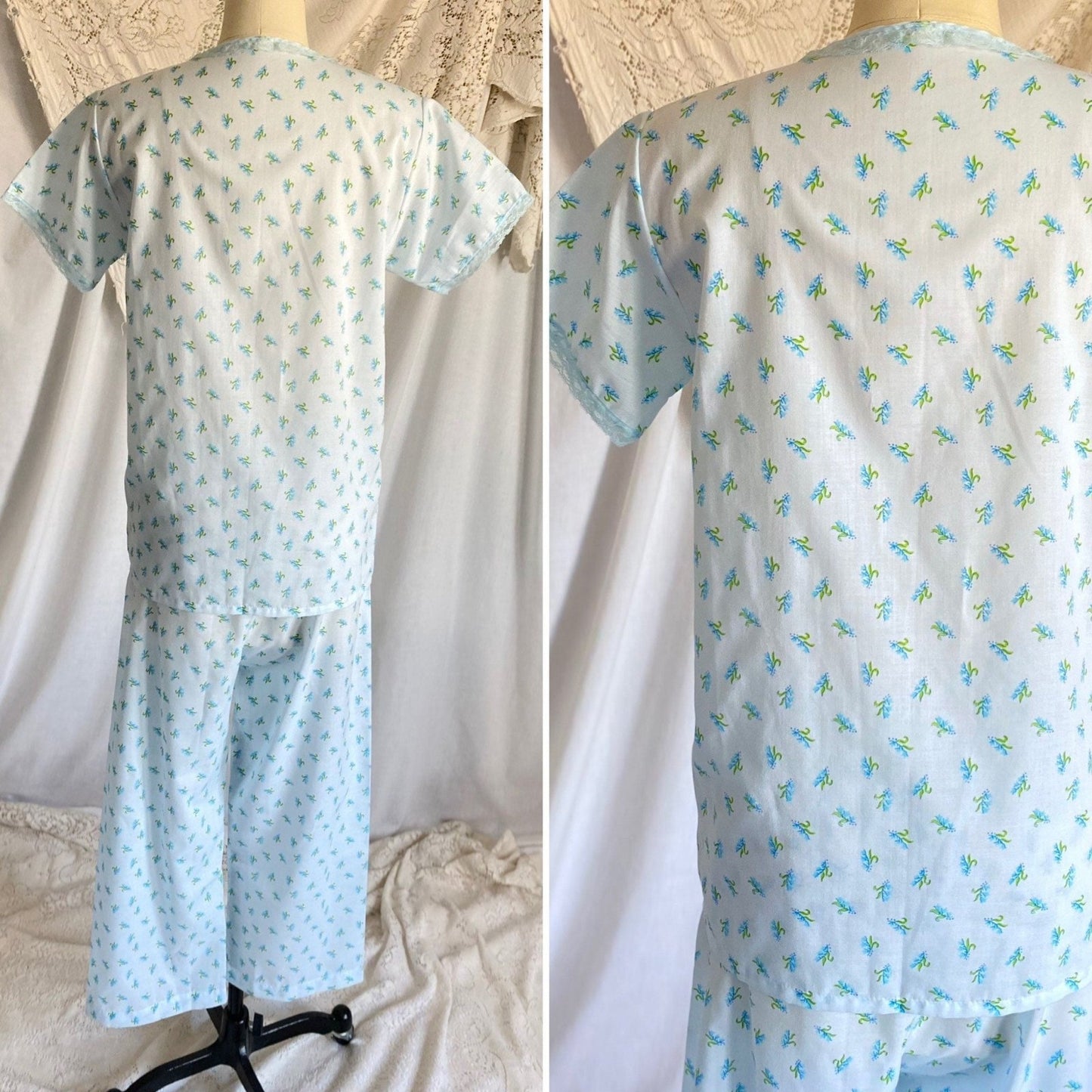Vintage 1960's Pajama Set | Unworn Light Sky Blue Cotton with Floral Print | Size S - Daggers & Dames