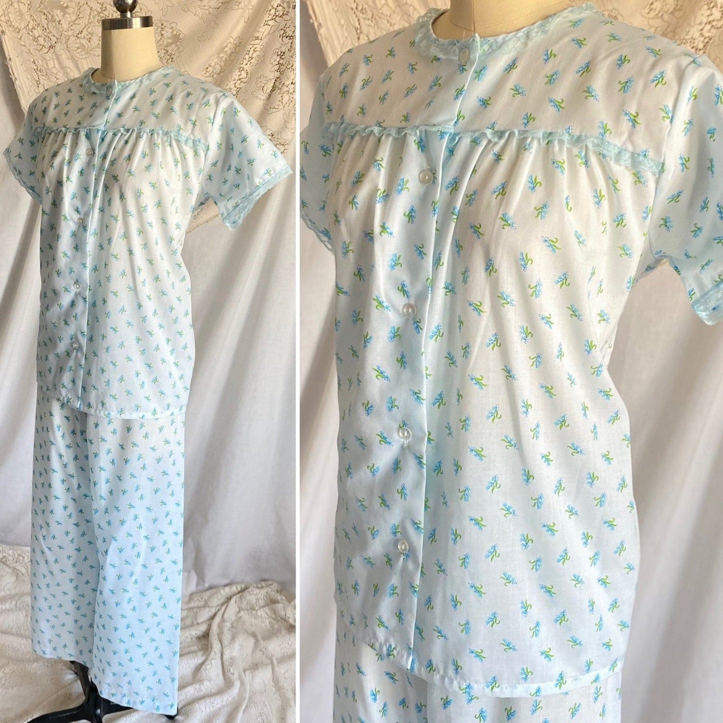 Vintage 1960's Pajama Set | Unworn Light Sky Blue Cotton with Floral Print | Size S - Daggers & Dames
