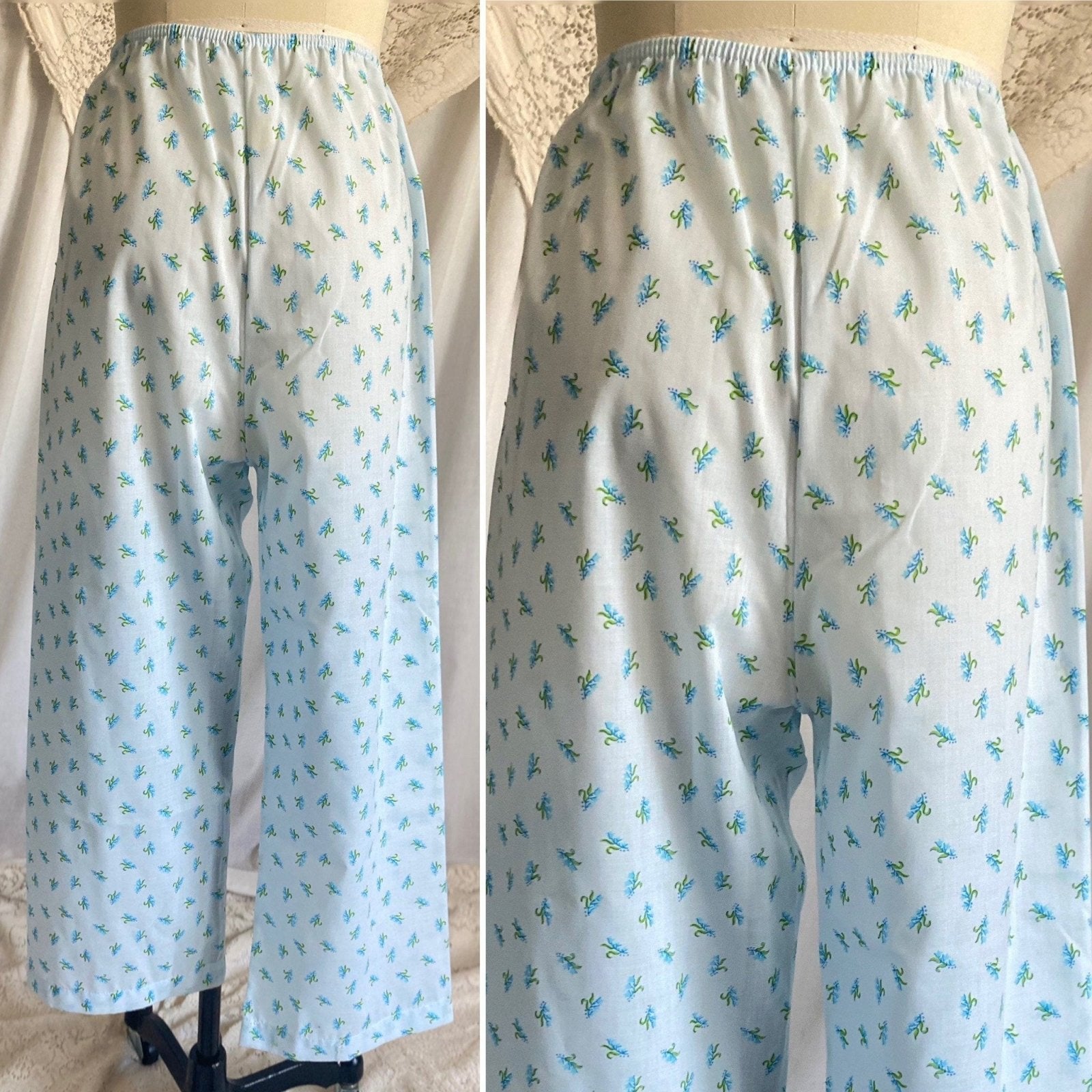 Vintage 1960's Pajama Set | Unworn Light Sky Blue Cotton with Floral Print | Size S - Daggers & Dames
